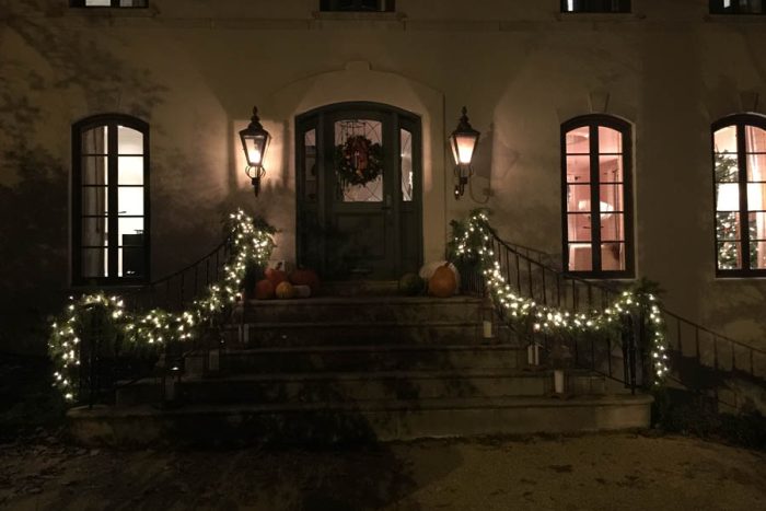 Potted plants at a home front entrance in Silver Spring