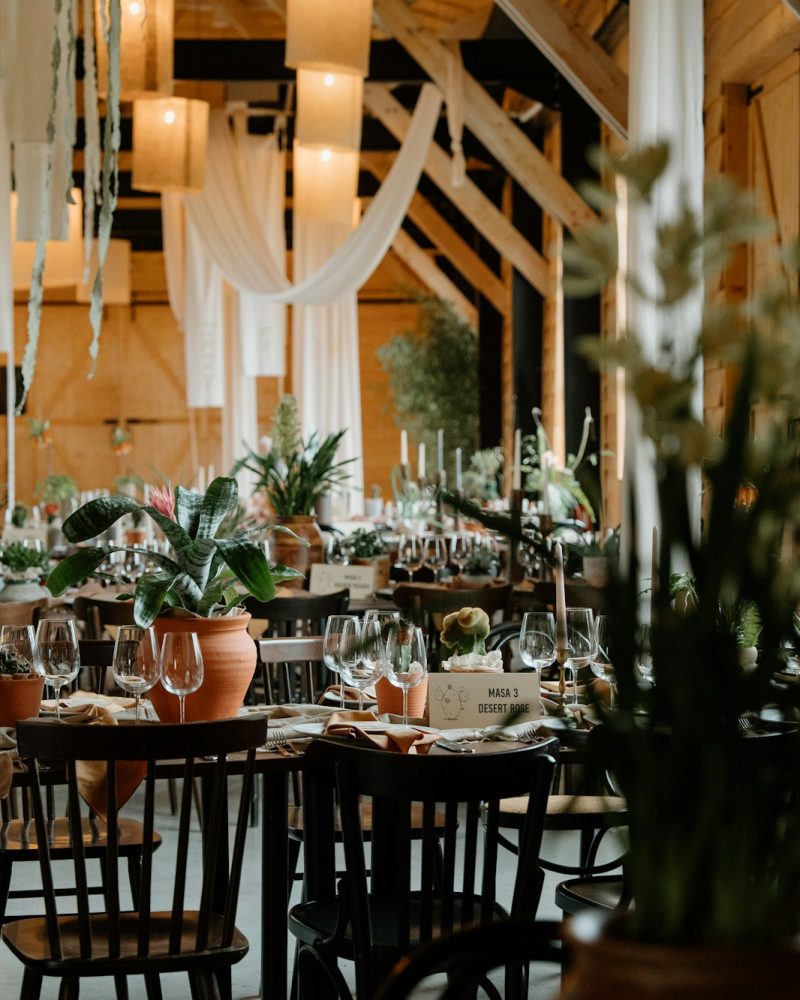 Event venue with long tables dressed in potted plants and greenery